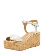 Salvatore Ferragamo Tropea Metallic Platform Cork Wedge Sandal, Sahara 38.5