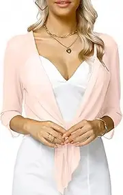 [Aiboria] Womens 3/4 Sleeve Sheer Mesh Shrug Tie Front Cropped Bolero Cardigan