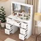 Modern Dressing Table White Vanity Table with LED Makeup Mirror + 7 Drawers Set