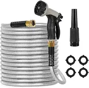 Garden Hose, Metal Heavy Duty Stainless Steel Water Hose with Nozzle, 8 Functional Nozzles, Flexible Garden Hose for Yard and Lawn (75 FT)