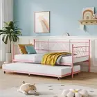 Daybed with Trundle, Metal Twin Size Daybed with Stylish Headboard, Metal