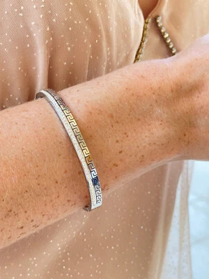 18k white Gold Ancient Greek Key Bracelet Bangle 58 Diamonds