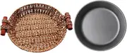 MAGICLULU 1 Set Round Non Stick Iron Grilling Plate with Rattan Basket Steak Cooking Pan for Barbecue Stovetop Grill Serving Easy Clean Kitchenware for Family and Restaurant Use