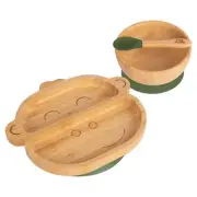 3pc Tiny Dining Olive Bamboo Monkey Baby Feeding Set with Suction Cup