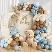 146Pcs Dusty Blue and Brown Balloon Arch Kit, Bear Baby Shower Decorations with Brown Sand White Dusty Blue Balloons for Baby Shower Decorations Boy Gender Reveal Birthday Party Decoration