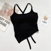 Plain Padded Tie Back Crop Camisole Top Black - One Size