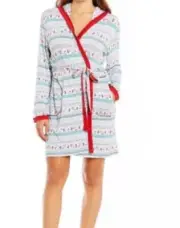New $68 PEANUTS SNOOPY FAIR ISLE SHORT Wrap Robe Hooded Rayon Size S/M