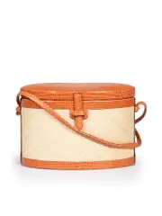 Beige Lizard Trim Iraca Trunk Crossbody Bag