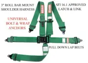 UNIVERSAL RACING HARNESS SFI 16.1 LATCH & LINK ROLL BAR MOUNT 5 POINT DARK GREEN