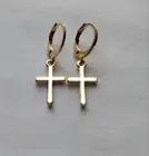Cross Charm Dangle Earrings Gold Tone Stainless Steel Hinged Huggie Hoop Sleeper