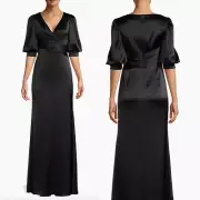 NWT Aidan Mattox Puff Sleeve Satin Gown Draped V-Neck Maxi Dress Womens Size 10