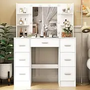 Vanity Desk with Lighted Mirror,Makeup Table with Drawers and 10 Lights, White Makeup Table with 7 Drawers, 3 Color Modes Available for Bedroom