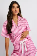 Pink Stripe Pyjama Set Multi Stripe Satin Piping PJ - Size L, Women's Satin Set
