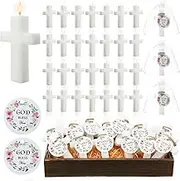 MTLEE 36 Set Baptism Favor Candles Cross Candles Baby Shower Favors Religious Holy Communion Christening Gifts for Christian Guests Party Wedding Birthday(Eucalyptus Flower Tag)