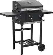 vidaXL Charcoal-Fueled BBQ Grill with Bottom Shelf Outdoor Garden Patio Kitchen Appliance Barbecue Freestanding Grill with Foldable Table Black