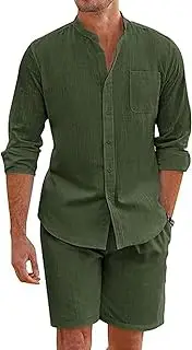 [HanzhuoLG] Men's Casual Cotton Linen Two Piece Set Solid Color Simple Henley Collar Long Sleeve Linen Shirt & Linen Shorts 2 Pcs Set X-Large Army Green