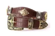 West Belt Coffee Silver Bullrider Gold Concho Crocodile Pattern Pants Size 38
