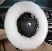 Andalus Luxurious Australian Sheepskin Long Wool Fuzzy Steering Wheel Cover, Anti-Slip 15 Inch Fluffy Steering Wheel Covers Offers a Plush Feel, Eco-Friendly Sheepskin Steering Wheel Cover (White)