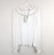 Boden Top Womens 6 White Gold Cross Stitch V Neck Ruffles Stretch Viscose Blouse