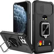 for iPhone 11 Pro Case with Card Holder and Slide Camera Cover,360° Rotate Ring Kickstand Heavy Duty Protective Phone Cover Case for Apple iPhone 11 Pro-Black