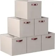 Ornavo Home 13 x 15 x 13 Kallax Storage Cube Bins, Foldable Collapsible Fabric Storage Bins Box Linen Shelf Basket Cube Organizer for Closet with Leather Handles, 6 Pack, Beige