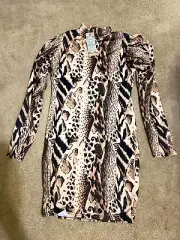 Boohoo Plus NWT Leopard High Neck Brown Bodycon Dress Size UK 10