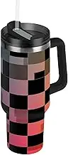 RPLIFE Checkerboard Black Squares Tumbler with Handle and Straw 30 Oz, Stainless Steel Insulated Coffee Tumbler for Men Women Travel