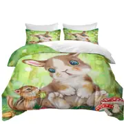 Cute Kids Drawings Mushrooms Bunny and Chipmunk Quilt Cover