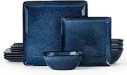 [E-far] Square Plates and Bowls Sets, 12-Piece Stoneware Dinnerware Sets for 4, Reactive Glaze Dish Set, Chip and Scratch Resistant, Microwave and Dishwasher Safe, Deep Sea Blue