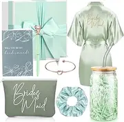 Irenare Bridesmaid Proposal Gifts Set Robes Makeup Bag Cup Cards Hair Tie Bracelet Diamond Pen Bridesmaid Gift Box(Green,8 Pcs)