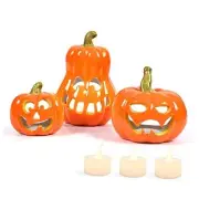 Ceramic Pumpkin with 3 Tea Lights, Jack-O-Lantern Candle Holder Orange Pumpkin