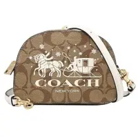 在飛比找momo購物網優惠-【COACH】大馬車LOGO印花皮革迷你斜背包(駝/白)