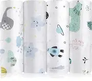 WIYETY Baby Burp Cloths: 4-Pack Muslin Nappies, 70 x 70 cm, Coffee Bear + Lion Tree + Green Polar Bear + Dark Blue Flying Saucer, Gauze