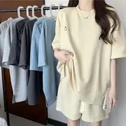 Set: Short-Sleeve Crew Neck Print Tee + Drawstring Waist Sweat Shorts Almond - M