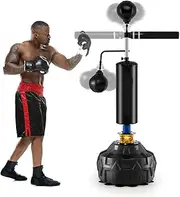 Costway Boxing Speed Trainer, Freestanding 360°Spinning Bar w/Dual Boxing Speed Balls, Punching Bag, Adjustable Height & Fillable Base for MMA Reflex Skills, Home Boxing Equipment for Teens Adults
