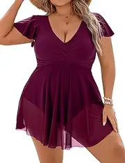 [Blooming Jelly] Womens Plus Size Swimsuit One Piece Tummy Control Bathing Suit Modest Curvy Cute Swim Dress Ladies Swimwear