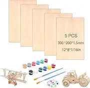 5 Sheets Unfinished Basswood Balsa Wood Sheets 1.5mm Plywood 1/16 X 8 X 12 Inch / 300x200x1.5mm Natural Craft Wood Thin Plywood Balsa Wood & Color Craft Wood Panel - Wood Cutouts Woodwork Model