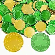 HIENAJ St Patricks Day Gold Coins, 144 Pcs Gold and Green Lucky Coins Plastic Shamrock Leprechaun Coins, St Patricks Day Decorations for Irish St. Patrick's Day Party Table Decorations
