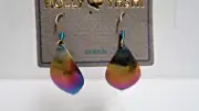 NOS Signed Holly Yashi Leaf Shape Multicolor Hammered Niobium Drop Earrings