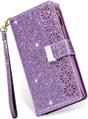 KUDEX iPhone 12 Pro Max Case Wallet with Card Holder,Bling Sparkly Glitter Flip PU Leather Magnetic Kickstand Zipper Wallet Case with Card Slot Wrist Strap for iPhone 12 Pro Max 6.7inch 5G(Purple)