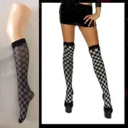 CHEQUERED Stocking-Socks GREY Black KNEE-HIGH Over-the-Knee RACER Costume WORK