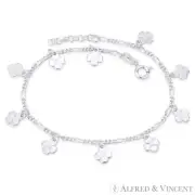4-Leaf Clover Irish Charm 2mm Figaro Italy Chain Anklet in .925 Sterling Silver