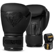 EVO Fitness Matte Black Boxing Gloves MMA Muay Thai Martial Arts Kick Boxing Spa