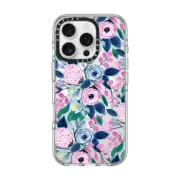 iPhone 16 Pro Impact Clear Case MagSafe Compatible Girly Pink Navy Blue Watercolor Flowers Roses Leaves Pattern Clear