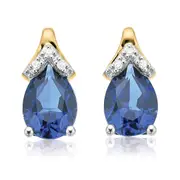 9ct Two Tone Gold Pear & Round Brilliant Cut Created Blue Sapphire & Diamond Set Stud Earrings