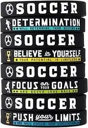 (12-Pack) Soccer Bracelets with Motivational Sports Quotes - Wholesale Pack of 12 Silicone Rubber Wristbands for Bulk Soccer Team Gifts and Party Favors - Unisex for Boys Girls Men Women