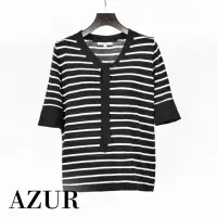 在飛比找momo購物網優惠-【AZUR】綁結造型條紋針織衫