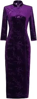[ChangNanJun] 3/4 Sleeve Velvet Qipao Bamboo Embriodery Chinese Dress Long Cheongsam for Women Autumn Winter