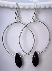 Silver Hoop with Black Crystal Teardrop Dangle Earrings. Boho Chic