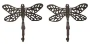 Set Of 2 Rustic Cast Iron Dragonfly with Scrollwork Filigree Wings Wall Hooks